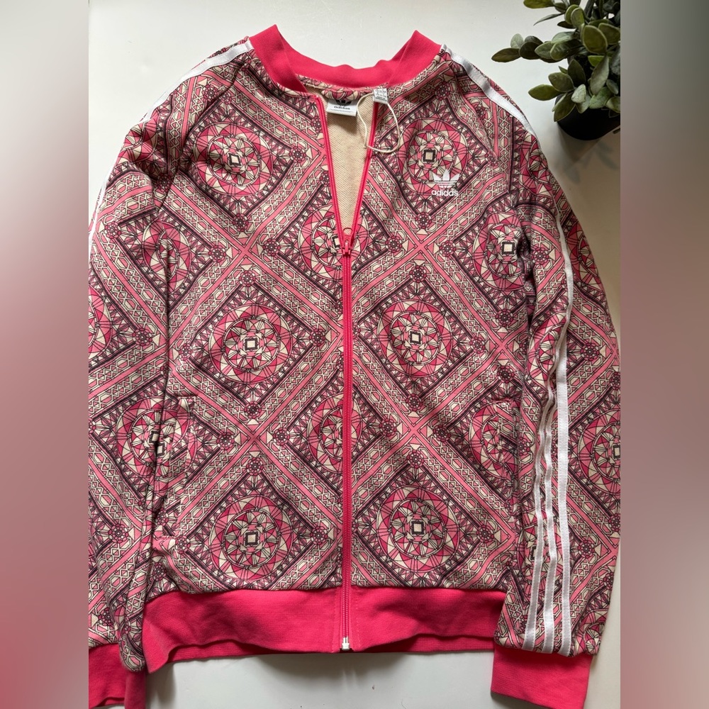 Adidas Pink Geometric Print Zip Up Track Jacket XL (UK 14-15Y)